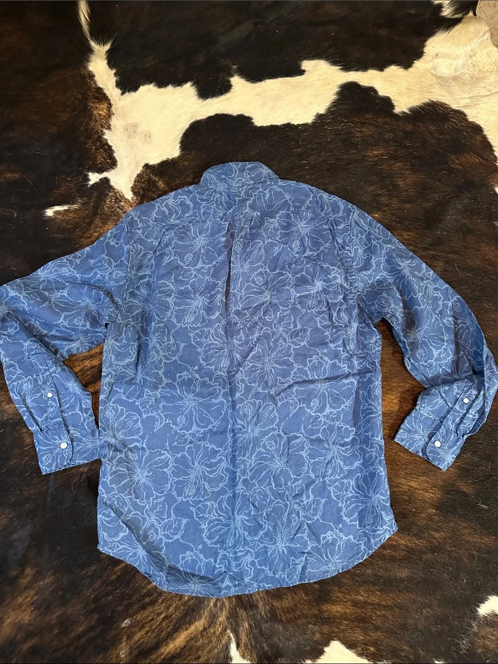 J. Crew Linen Button Up Long Sleeve Shirt, Blue Tropical Floral Men's M Slim Fit